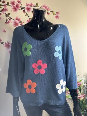 Tricot Trui driekwart mouw met bloemen blauw