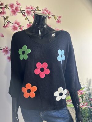Tricot Trui met driekwart mouwen bloemen zwart