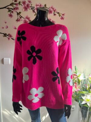 Trui bloemen fushia grote maat L - XL