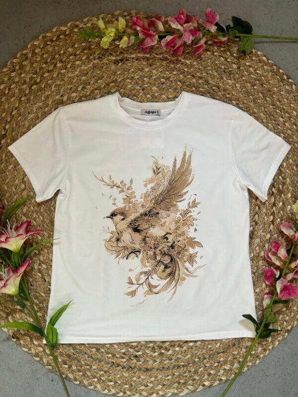 T-shirt met vogel bruin/goud - Afbeelding 4