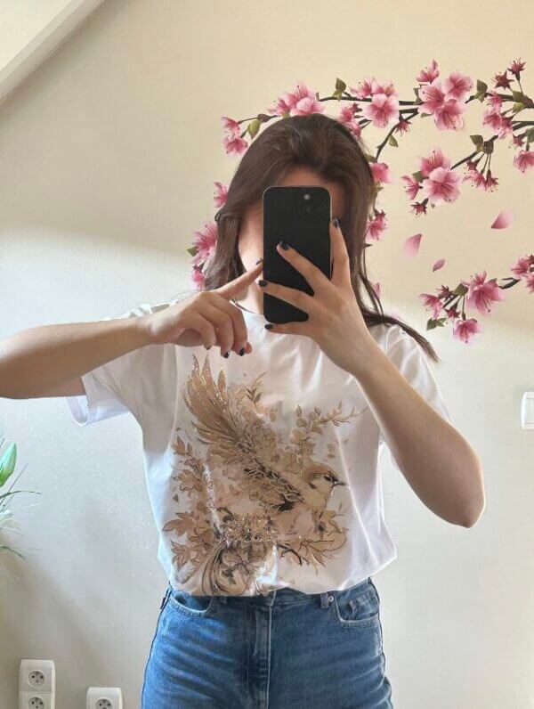 T-shirt met vogel bruin/goud - Afbeelding 3