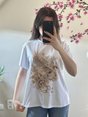 T-shirt met vogel bruin/goud