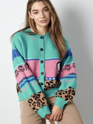 Gebreide wolmix vrouwen cardigan oversized gepatroneerd ontwerp groen