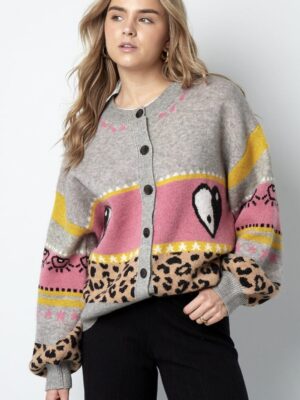 Gebreide wolmix vrouwen cardigan oversized gepatroneerd ontwerp grijs