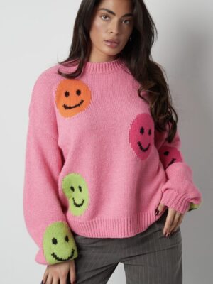 Gebreide wolmix vrouwen oversized trui smileys appliqué donker roze