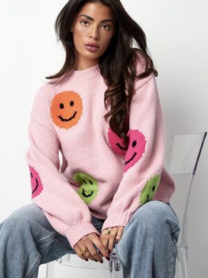 Gebreide wolmix vrouwen oversized trui smileys appliqué licht roze