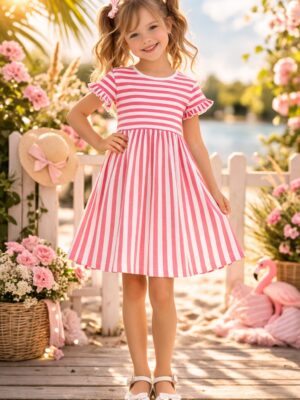 Blue Seven jurk streepjes roze en ruches aan de mouwen!