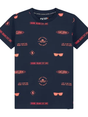 Skurk t-shirt donkerblauw met neon koraalprint! LAATSTE STUK MAAT 158/164