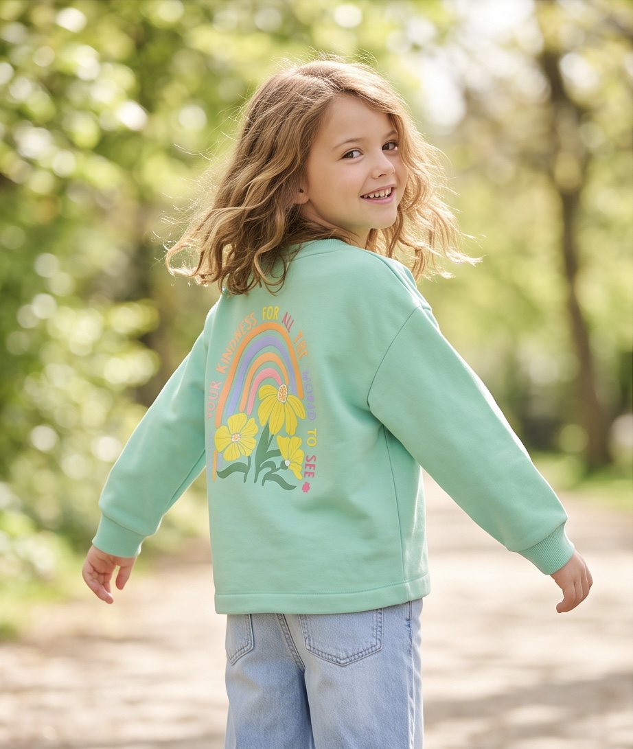 Blue Seven sweater groen met leuke print op achterkant!