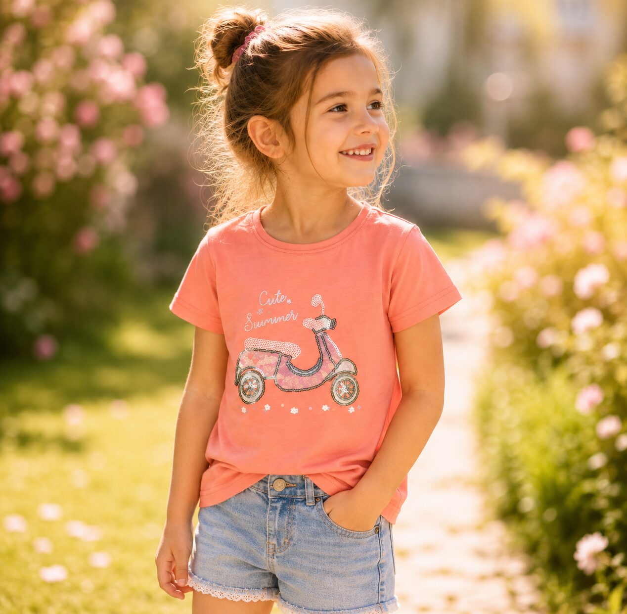 Blue Seven t-shirt in Zalm Roze met scooter