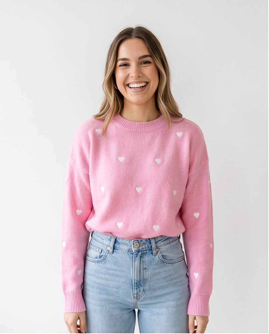 Sweater hartjes roze/wit