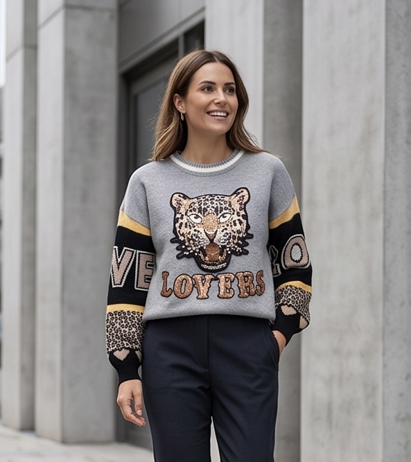 Trui pearl Lovers tijger grijs