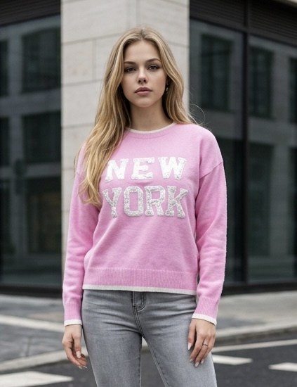 New York lace tekst sweater pink