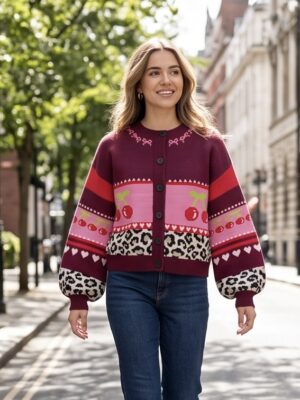 Gebreide dames Cardigan Kleurblok Leuk winered