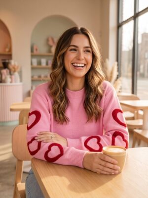 Gebreide Wolmix Vrouwen Rondhals Trui Hartpatroon roze